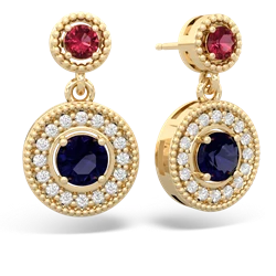 Lab Ruby Halo Dangle 14K Yellow Gold earrings E5319