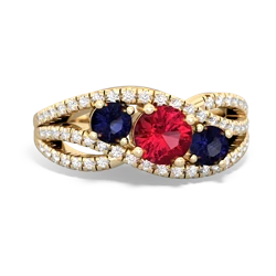 Lab Ruby Three Stone Aurora 14K Yellow Gold ring R3080