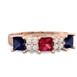 Lab Ruby Three Stone Diamond Cluster 14K Rose Gold ring R2592