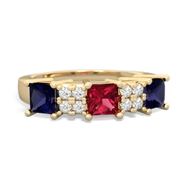 Lab Ruby Three Stone Diamond Cluster 14K Yellow Gold ring R2592