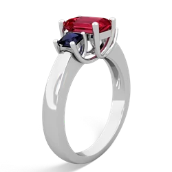 Lab Ruby Three Stone Emerald-Cut Trellis 14K White Gold ring R4021