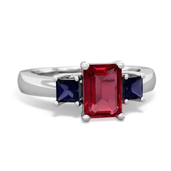 Lab Ruby Three Stone Emerald-Cut Trellis 14K White Gold ring R4021