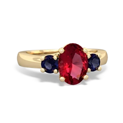 Lab Ruby Three Stone Oval Trellis 14K Yellow Gold ring R4024