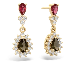 Lab Ruby Halo Pear Dangle 14K Yellow Gold earrings E1882