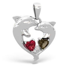 Lab Ruby Dolphin Heart 14K White Gold pendant P5820