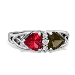 Lab Ruby Celtic Knot Double Heart 14K White Gold ring R5040