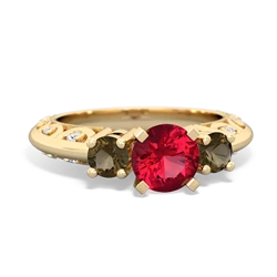 Lab Ruby Art Deco Eternal Embrace Engagement 14K Yellow Gold ring C2003