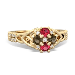 Lab Ruby Celtic Knot Cluster Engagement 14K Yellow Gold ring R26443RD