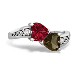 Lab Ruby Snuggling Hearts 14K White Gold ring R2178