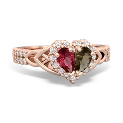 Lab Ruby Celtic Knot Two Hearts As One 14K Rose Gold ring R2644HRT