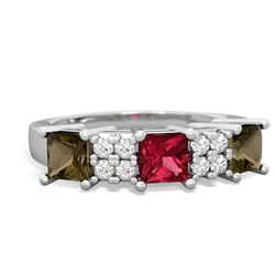 Lab Ruby Three Stone Diamond Cluster 14K White Gold ring R2592