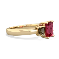 Lab Ruby Three Stone Emerald-Cut Trellis 14K Yellow Gold ring R4021