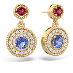 Lab Ruby Halo Dangle 14K Yellow Gold earrings E5319