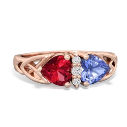 Lab Ruby Celtic Knot Double Heart 14K Rose Gold ring R5040