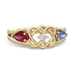 Lab Ruby Hearts Intertwined 14K Yellow Gold ring R5880