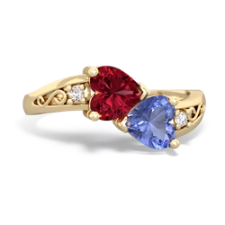 Lab Ruby Snuggling Hearts 14K Yellow Gold ring R2178