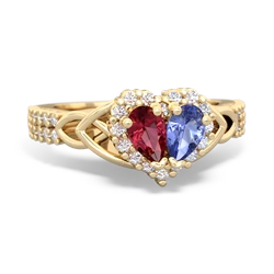 Lab Ruby Celtic Knot Two Hearts As One 14K Yellow Gold ring R2644HRT