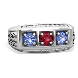 Lab Ruby Three Stone Tire Tread Men's 14K White Gold ring R0520