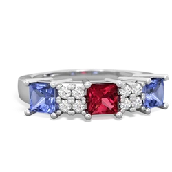 Lab Ruby Three Stone Diamond Cluster 14K White Gold ring R2592