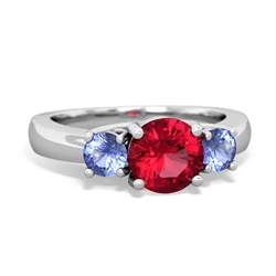 Lab Ruby Three Stone Round Trellis 14K White Gold ring R4018