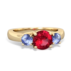 Lab Ruby Three Stone Round Trellis 14K Yellow Gold ring R4018