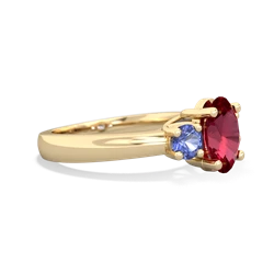 Lab Ruby Three Stone Oval Trellis 14K Yellow Gold ring R4024