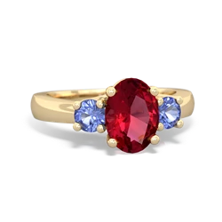 Lab Ruby Three Stone Oval Trellis 14K Yellow Gold ring R4024