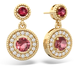 Lab Ruby Halo Dangle 14K Yellow Gold earrings E5319