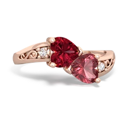 Lab Ruby Snuggling Hearts 14K Rose Gold ring R2178