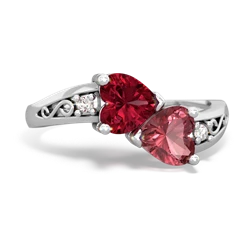 Lab Ruby Snuggling Hearts 14K White Gold ring R2178