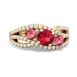 Lab Ruby Three Stone Aurora 14K Yellow Gold ring R3080