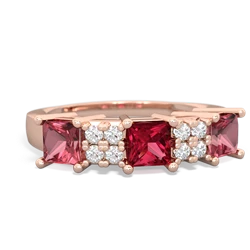 Lab Ruby Three Stone Diamond Cluster 14K Rose Gold ring R2592