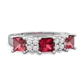 Lab Ruby Three Stone Diamond Cluster 14K White Gold ring R2592