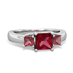 Lab Ruby Three Stone Trellis 14K White Gold ring R4015