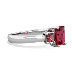 Lab Ruby Three Stone Emerald-Cut Trellis 14K White Gold ring R4021