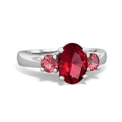 Lab Ruby Three Stone Oval Trellis 14K White Gold ring R4024