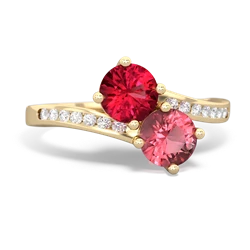 Lab Ruby Channel Set Two Stone 14K Yellow Gold ring R5303