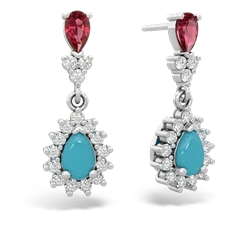 Lab Ruby Halo Pear Dangle 14K White Gold earrings E1882