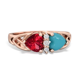 Lab Ruby Celtic Knot Double Heart 14K Rose Gold ring R5040