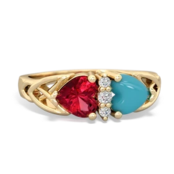 Lab Ruby Celtic Knot Double Heart 14K Yellow Gold ring R5040