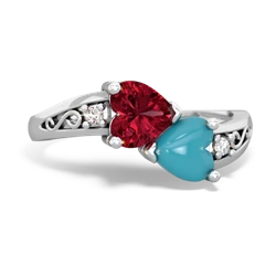 Lab Ruby Snuggling Hearts 14K White Gold ring R2178