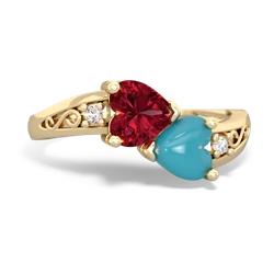 Lab Ruby Snuggling Hearts 14K Yellow Gold ring R2178