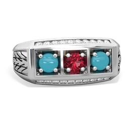 Lab Ruby Three Stone Tire Tread Men's 14K White Gold ring R0520