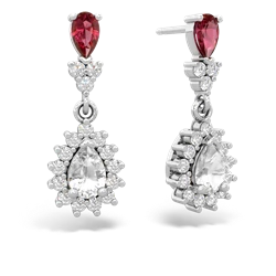 Lab Ruby Halo Pear Dangle 14K White Gold earrings E1882