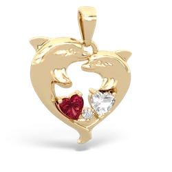 Lab Ruby Dolphin Heart 14K Yellow Gold pendant P5820