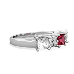 Lab Ruby Three Stone Diamond Cluster 14K White Gold ring R2592