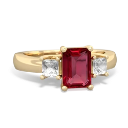 Lab Ruby Three Stone Emerald-Cut Trellis 14K Yellow Gold ring R4021