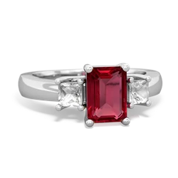 Lab Ruby Three Stone Emerald-Cut Trellis 14K White Gold ring R4021