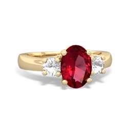 Lab Ruby Three Stone Oval Trellis 14K Yellow Gold ring R4024