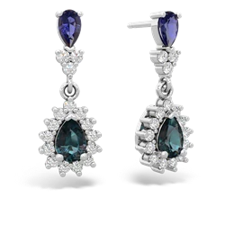 Lab Sapphire Halo Pear Dangle 14K White Gold earrings E1882